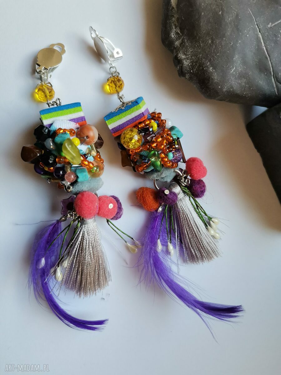 Kolorowe klipsy etno boho z piórami i chwostami