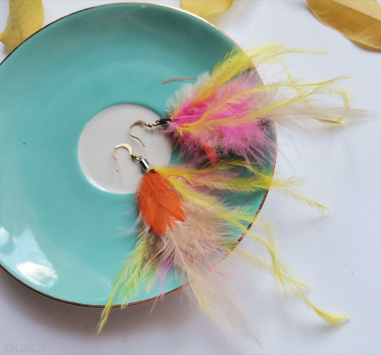 Kolczyki etno boho folk z piórami - róż, żółć i brąz