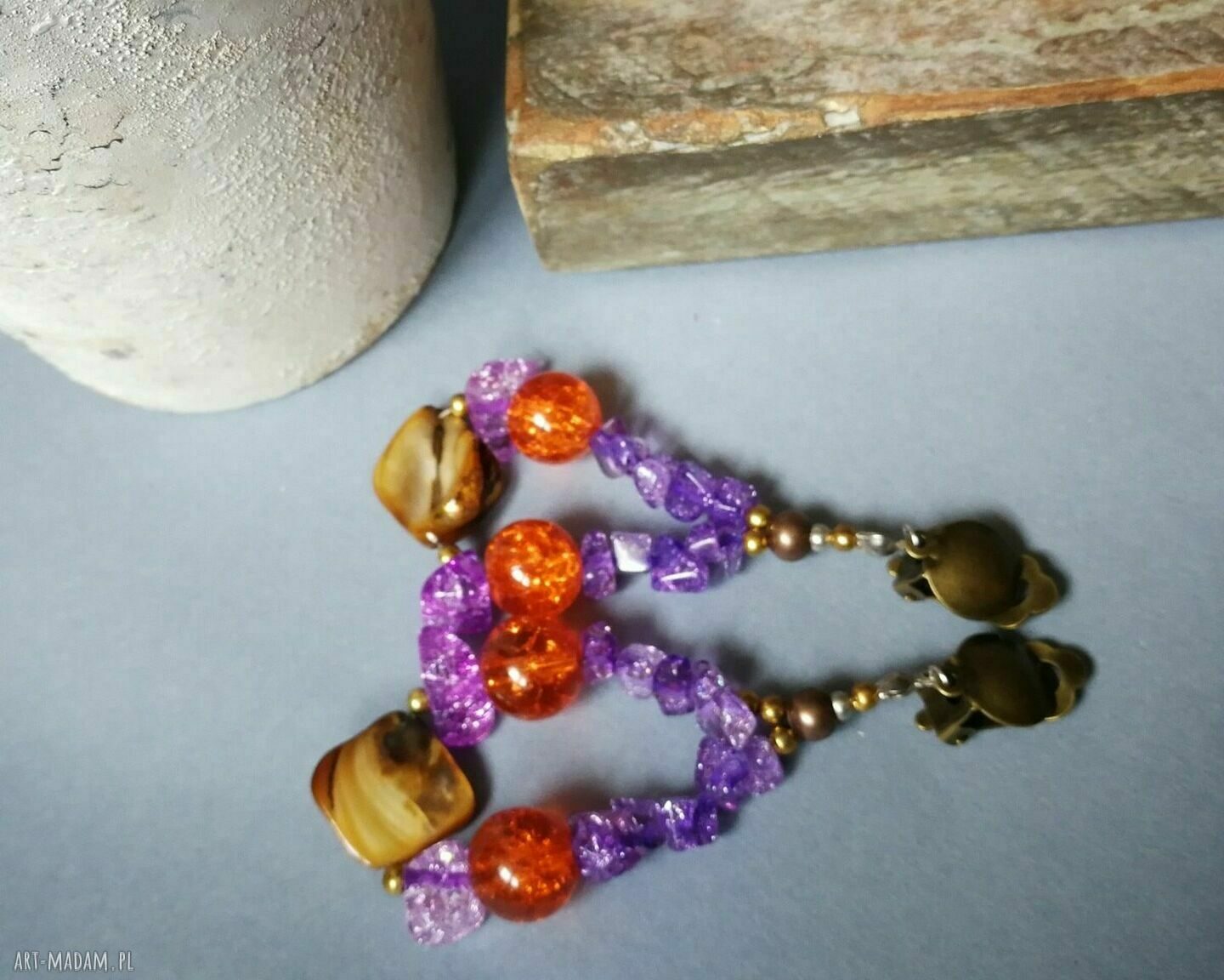 Etno-Boho Folk klipsy z kamieniami i koralikami - Box R1 (Ruda Klara)