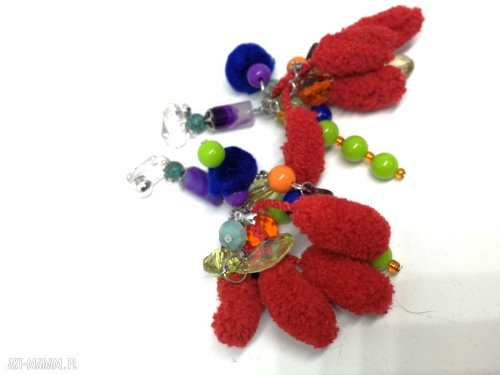Klipsy etno boho wiszące z pomponami - 10 cm
