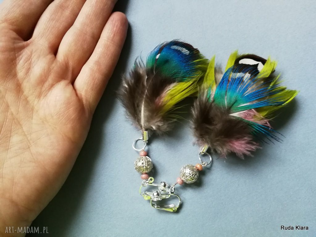 Klipsy etno boho z piórami - ręcznie robione (box x1)