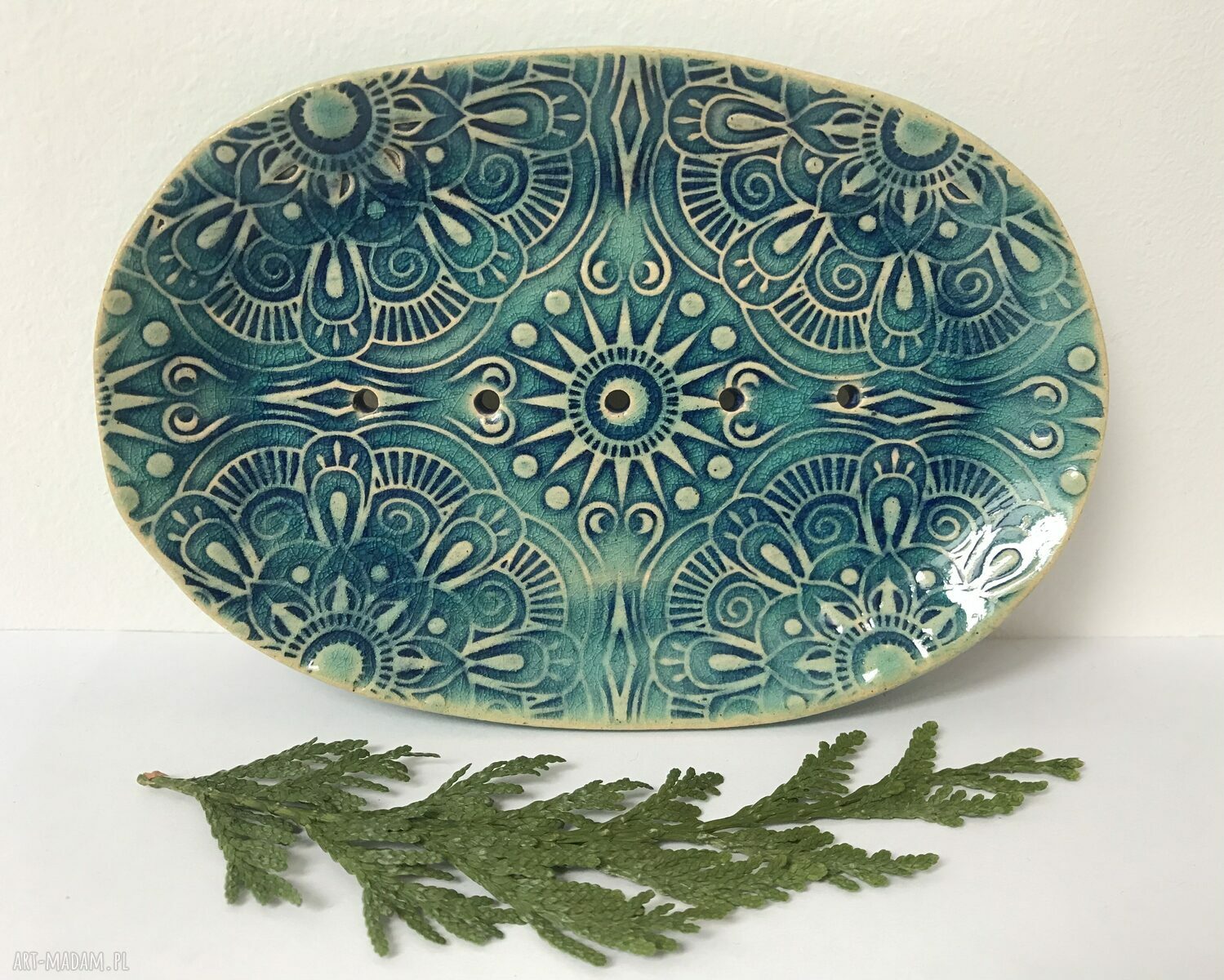 Etno mydelniczka ceramiczna handmade - turkus i beż