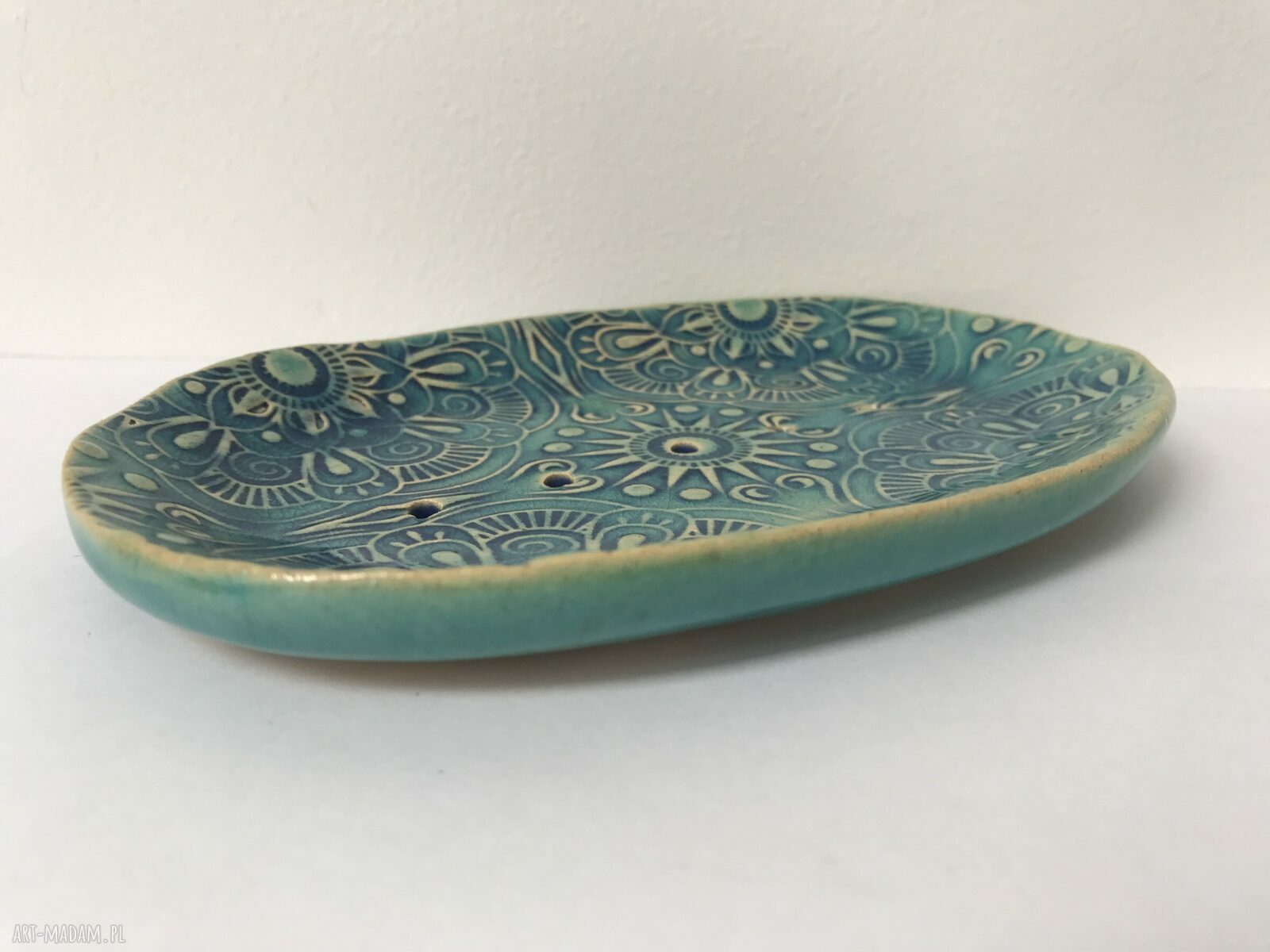 Etno mydelniczka ceramiczna handmade - turkus i beż