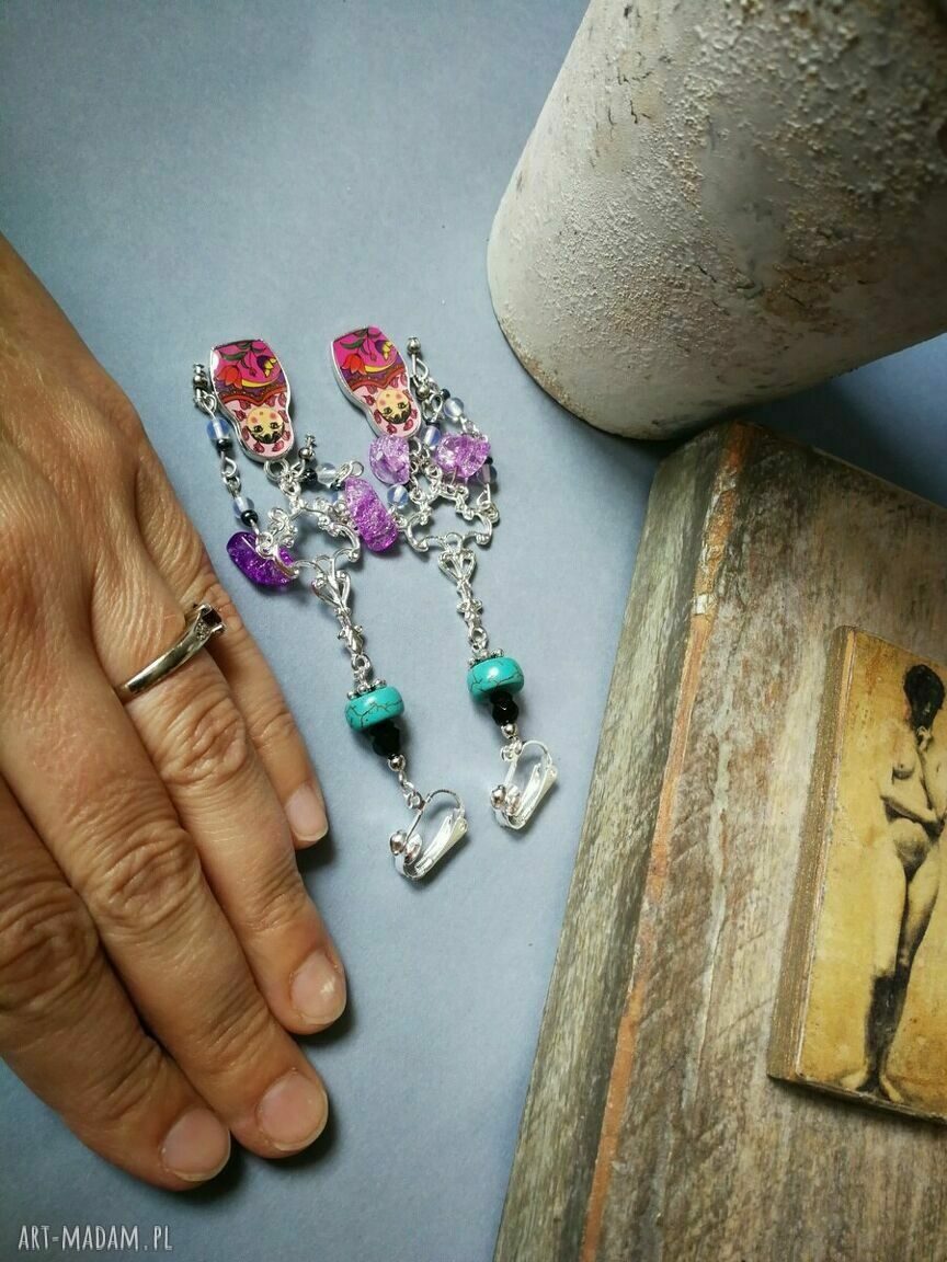 Kolorowe klipsy etno boho Folk-Box z matrioszkami