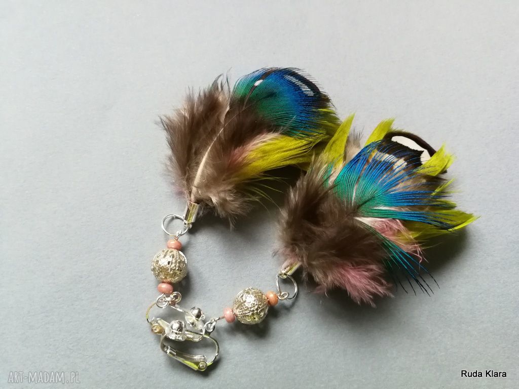 Klipsy etno boho z piórami - ręcznie robione (box x1)