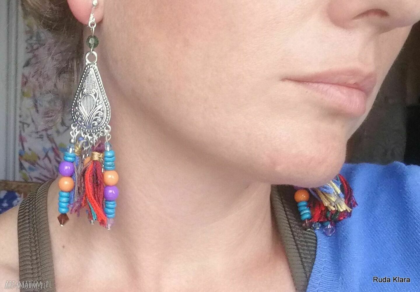 Ręcznie robione klipsy etno-boho Folk Box x1 - pojedyncza sztuka