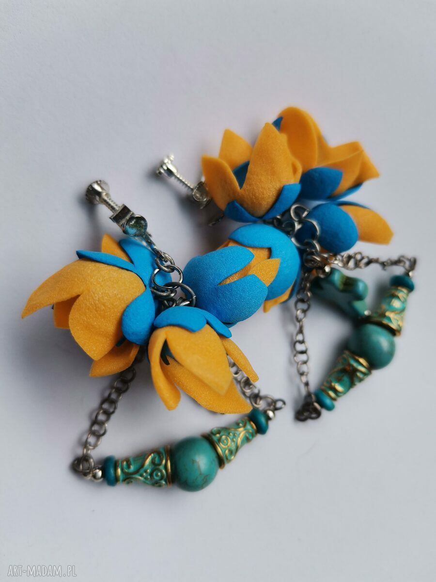 Klipsy etno boho wiszące kwiaty orient - klipsy handmade na uszy bez przekłuwania