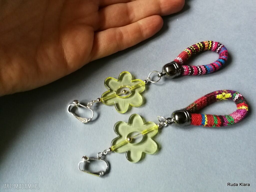 Klipsy etno boho kwiaty z liny - lekkie folk
