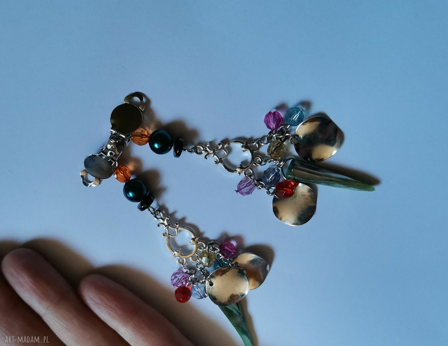 Klipsy etno boho Orient Box x1 z muszlą - kolorowe, wiszące i ręcznie robione