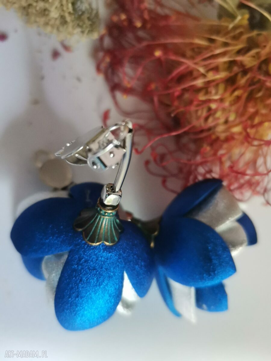 Klipsy etno boho Folk Frida - srebro i granatowe kwiaty