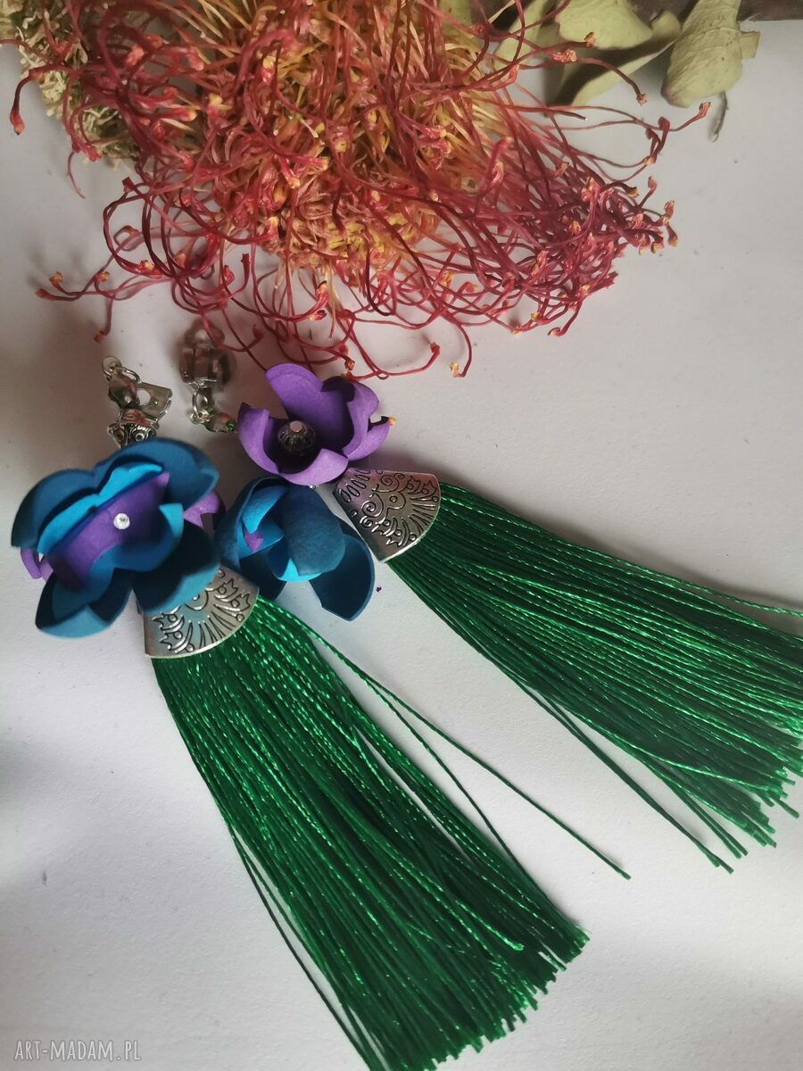 Klipsy etno boho z chwostami - frędzle handmade na ślub i folk