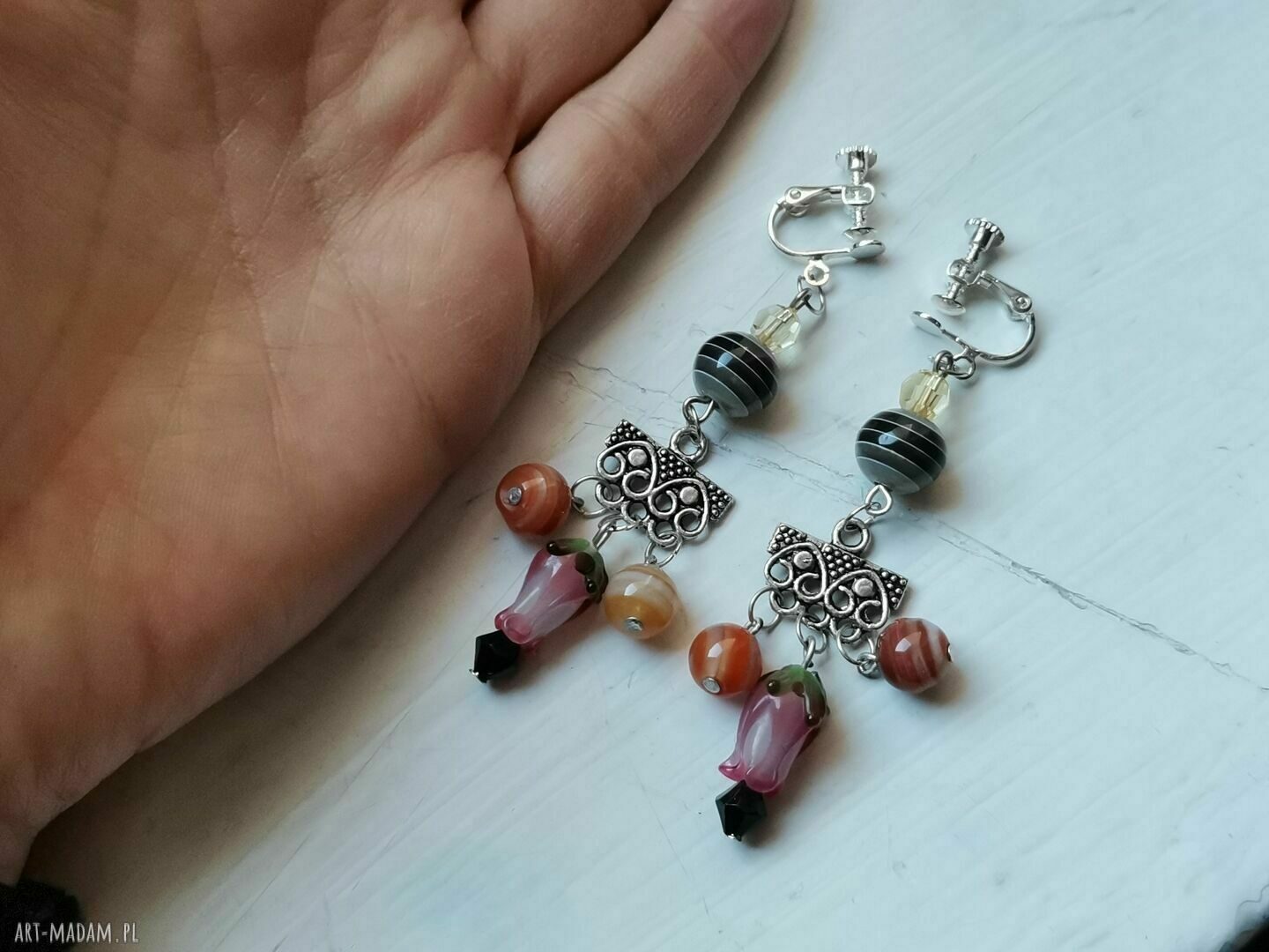 Klipsy etno boho wiszące Ruda Klara - ręcznie wykonane klipsy