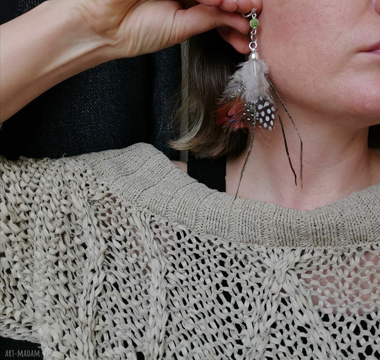 Klipsy etno boho wiszące z piórami - Ruda Klara (na klipsach)