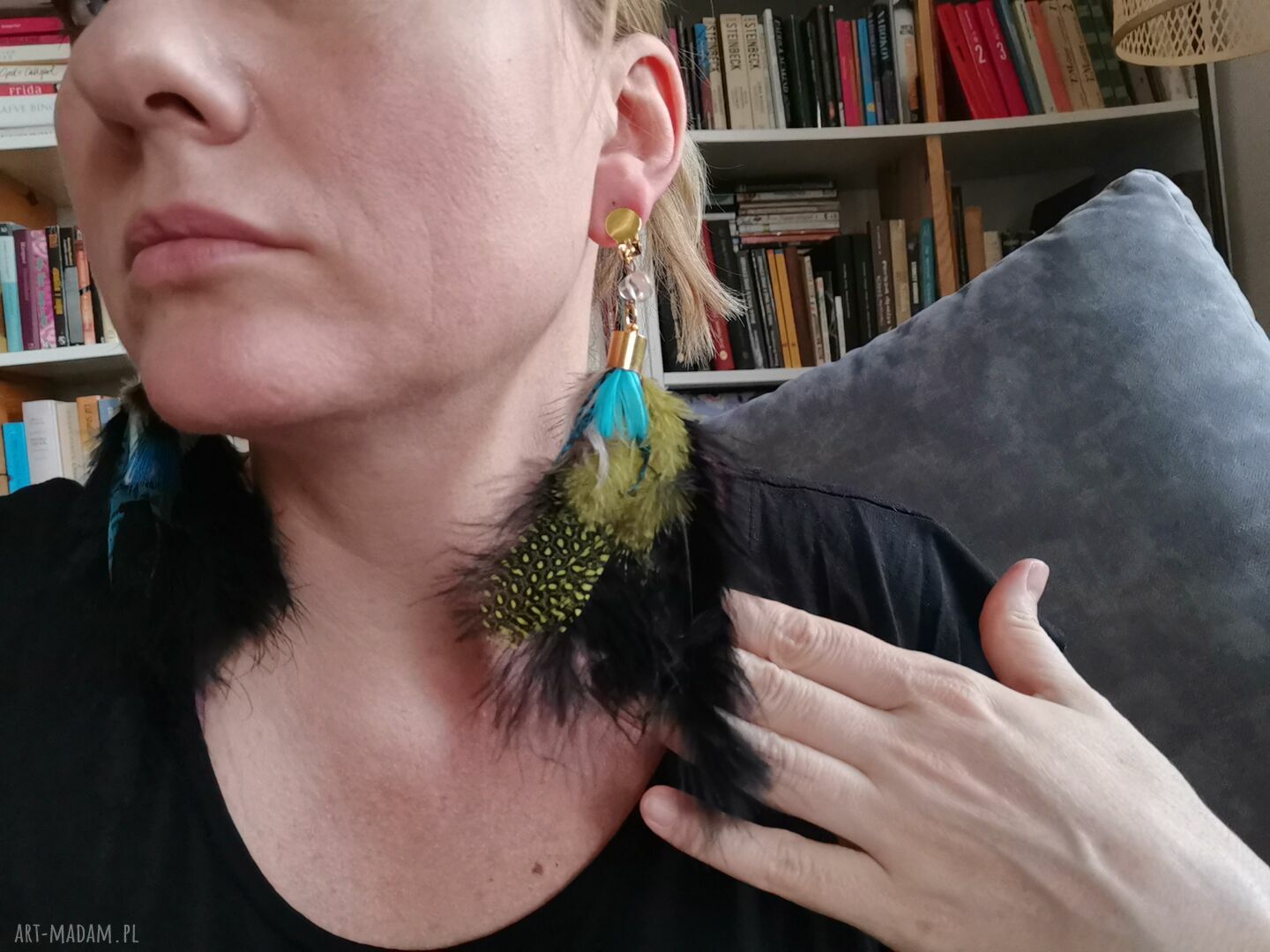 Klipsy etno boho folk z piórami i kryształem górskim