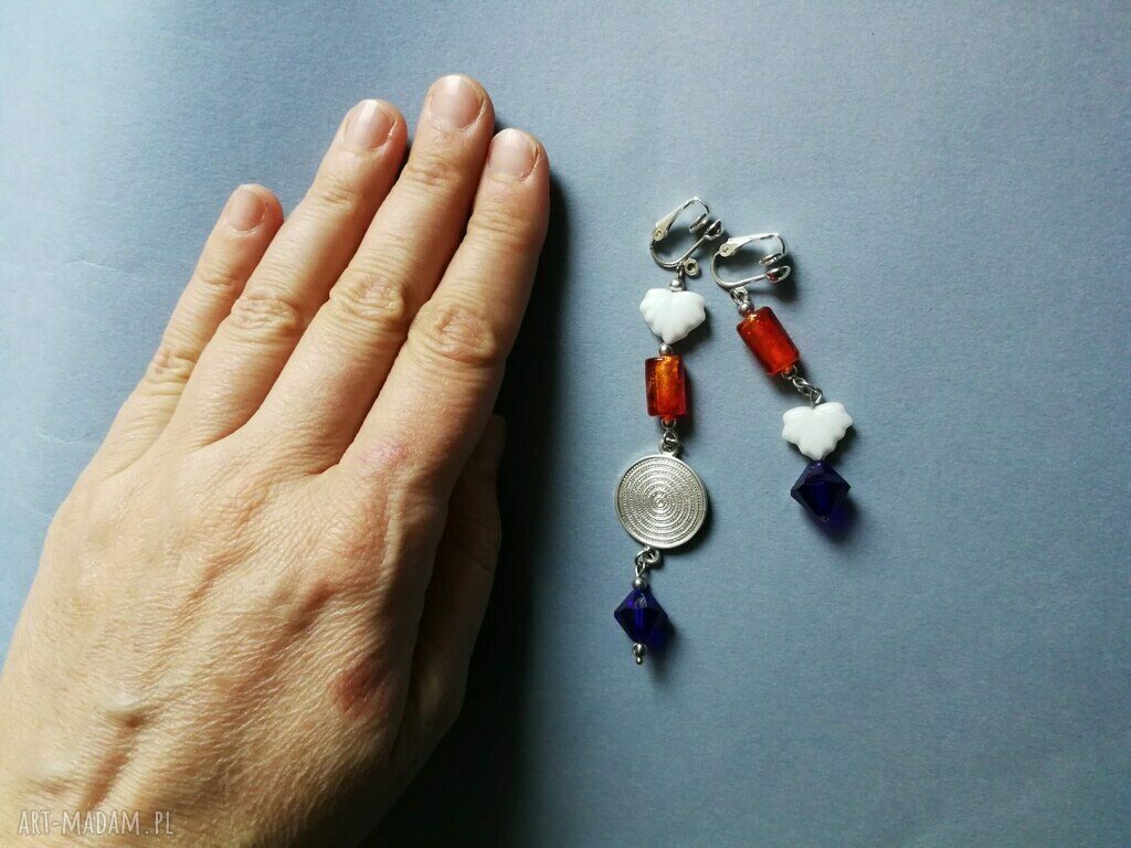 Asymetryczne klipsy etno boho folkowe z żółtymi chwostami (handmade)