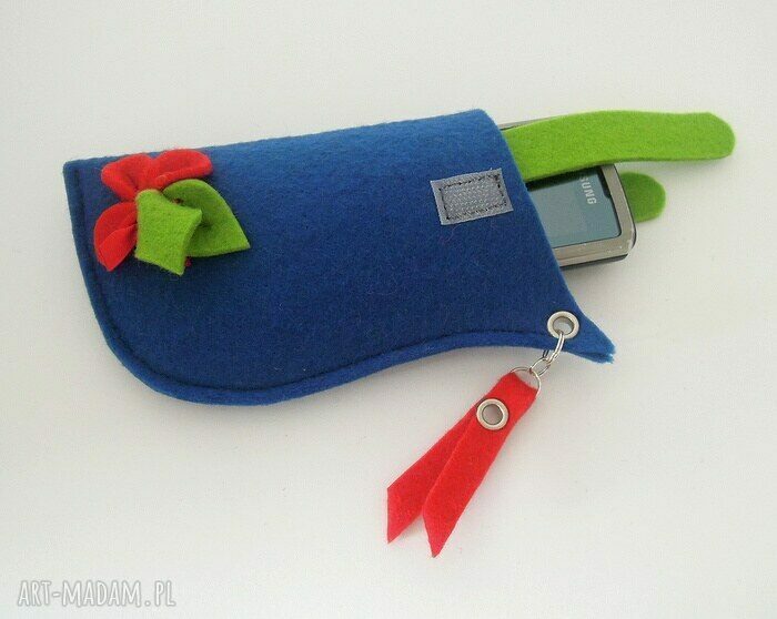 Etui na Telefon Niebieskie z Czerwonym Kwiatkiem Hand Made