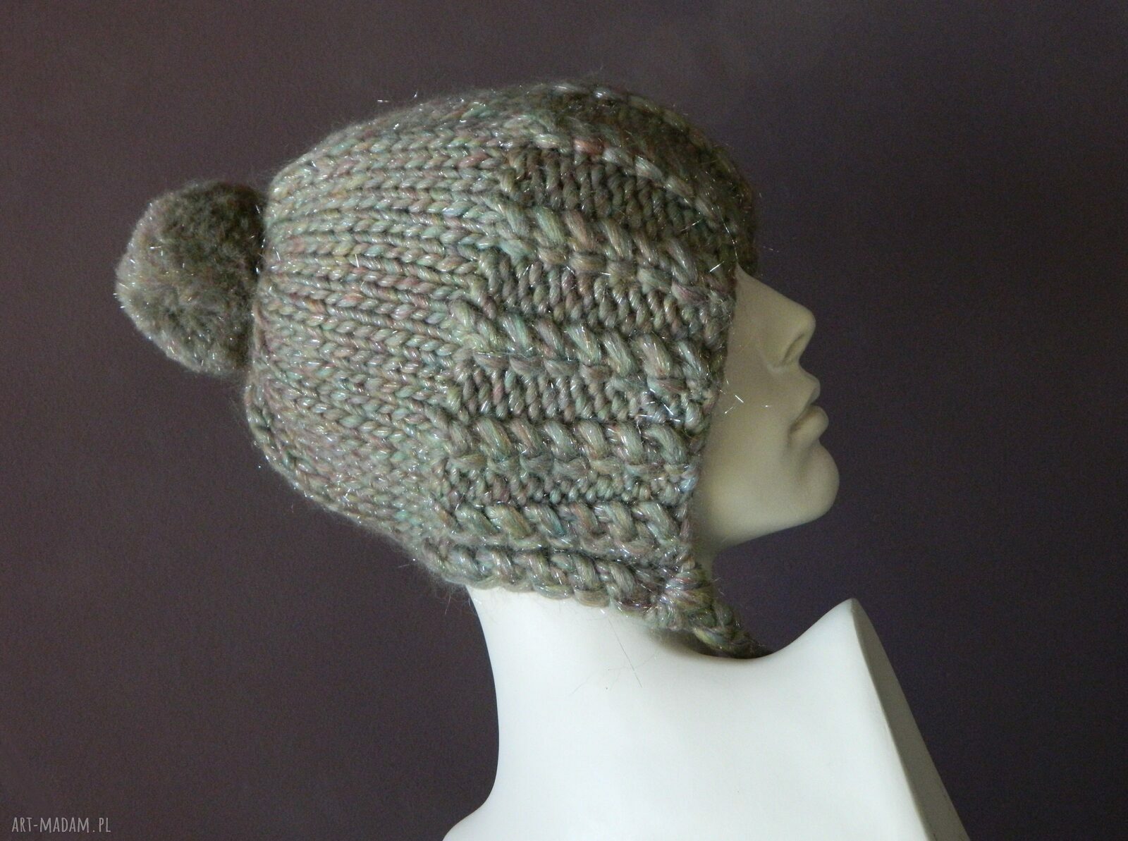 Ciepła czapka balaclava z merino z pomponem - ekskluzywna włóczka super chunky