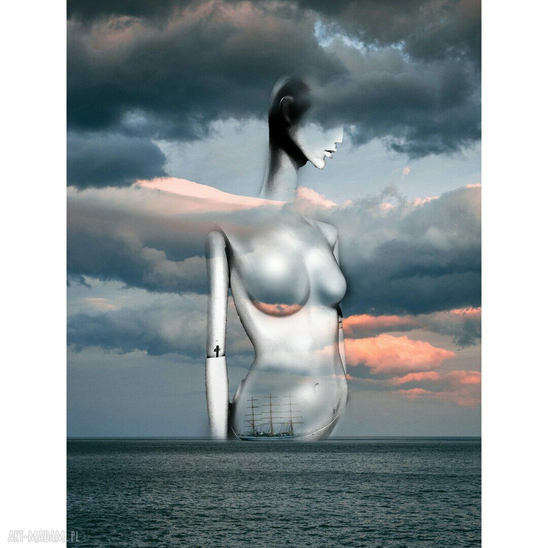 Grafika Exmachine 50x70 cm bez ramy - surrealizm w odcieniach niebiesko-szarych