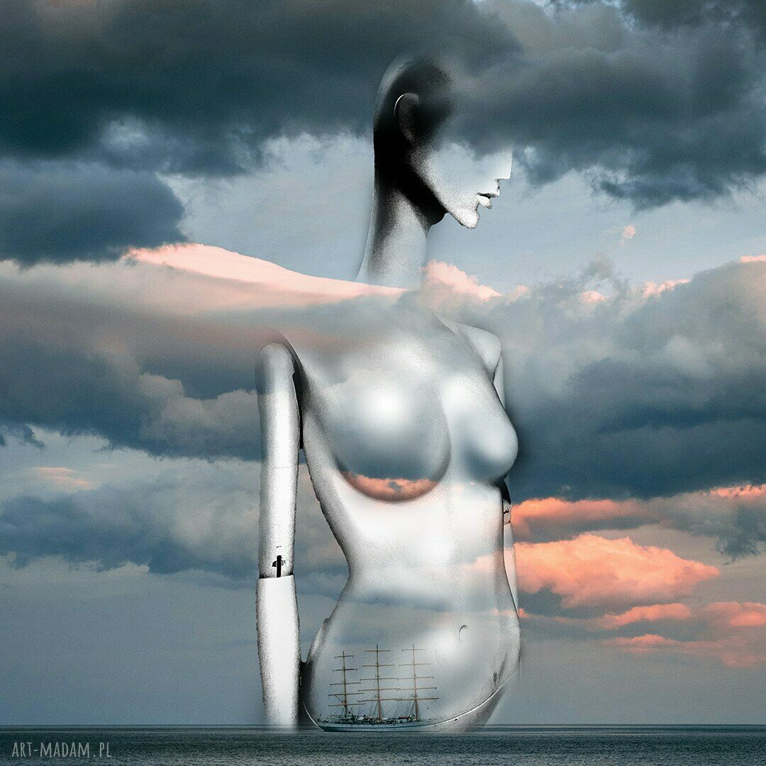 Grafika Exmachine 50x70 cm bez ramy - surrealizm w odcieniach niebiesko-szarych