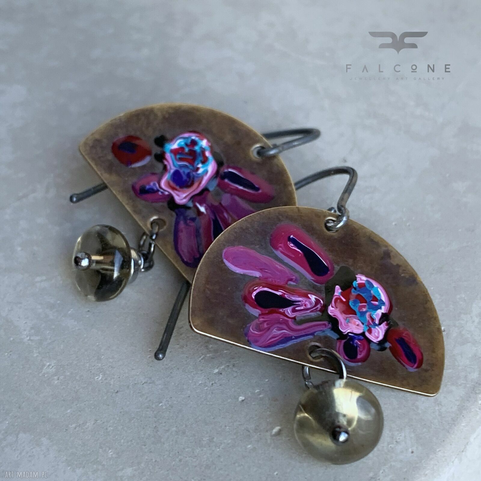 Kolczyki Exotic Flowers & Smoky Quartz - emaliowane kwiaty z kwarcem dymnym