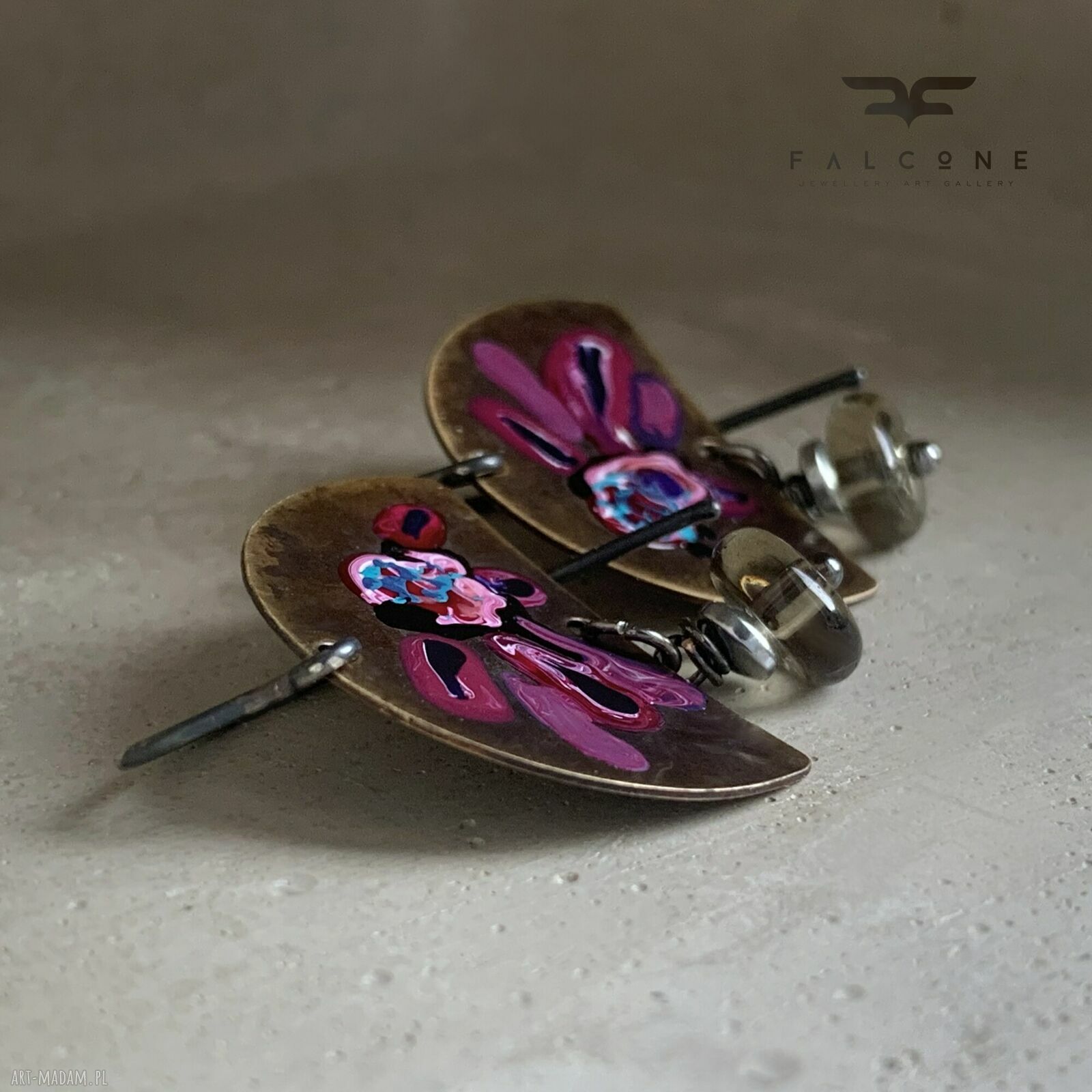 Kolczyki Exotic Flowers & Smoky Quartz - emaliowane kwiaty z kwarcem dymnym
