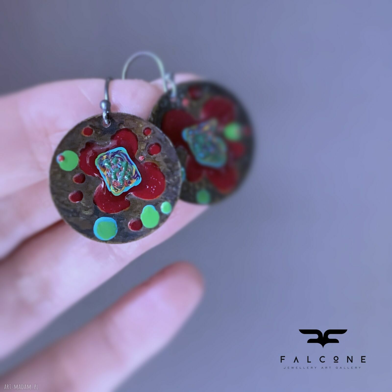 Kolczyki Exotic Flower z mosiądzu - rubin, turkus i zieleń