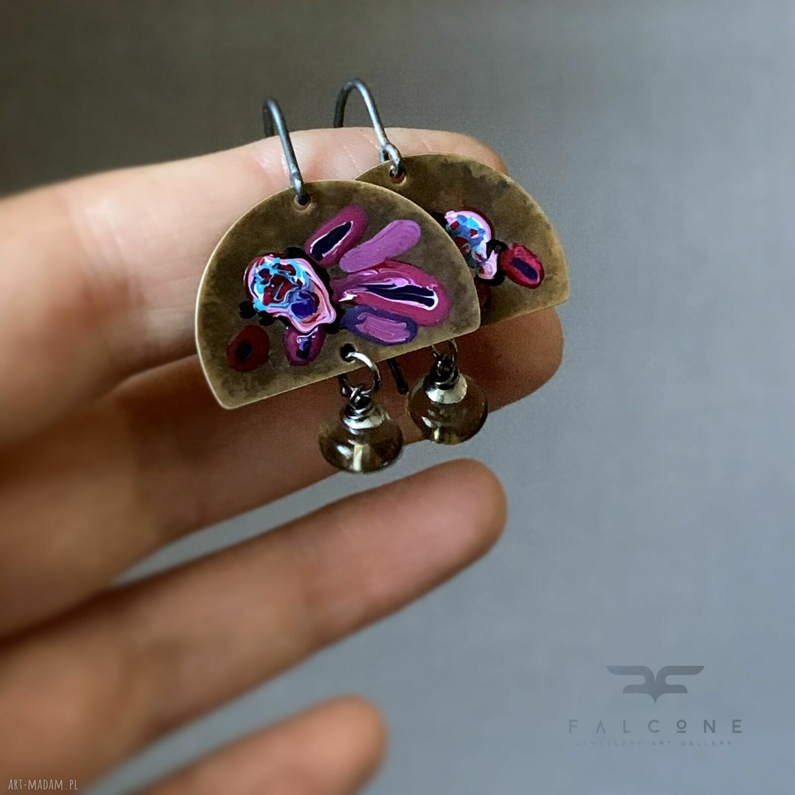 Kolczyki Exotic Flowers & Smoky Quartz - emaliowane kwiaty z kwarcem dymnym