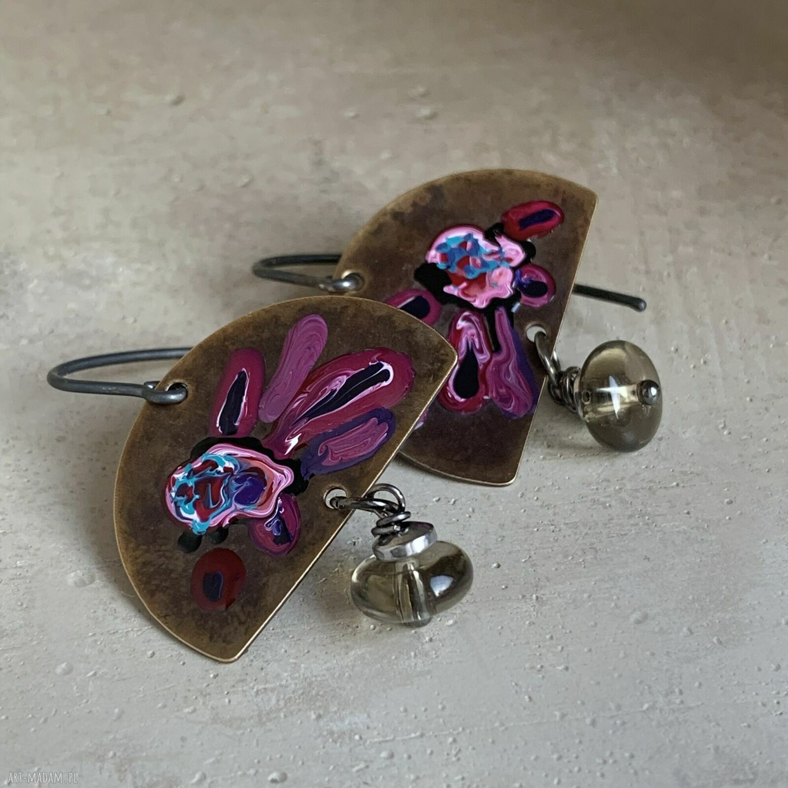 Kolczyki Exotic Flowers & Smoky Quartz - emaliowane kwiaty z kwarcem dymnym