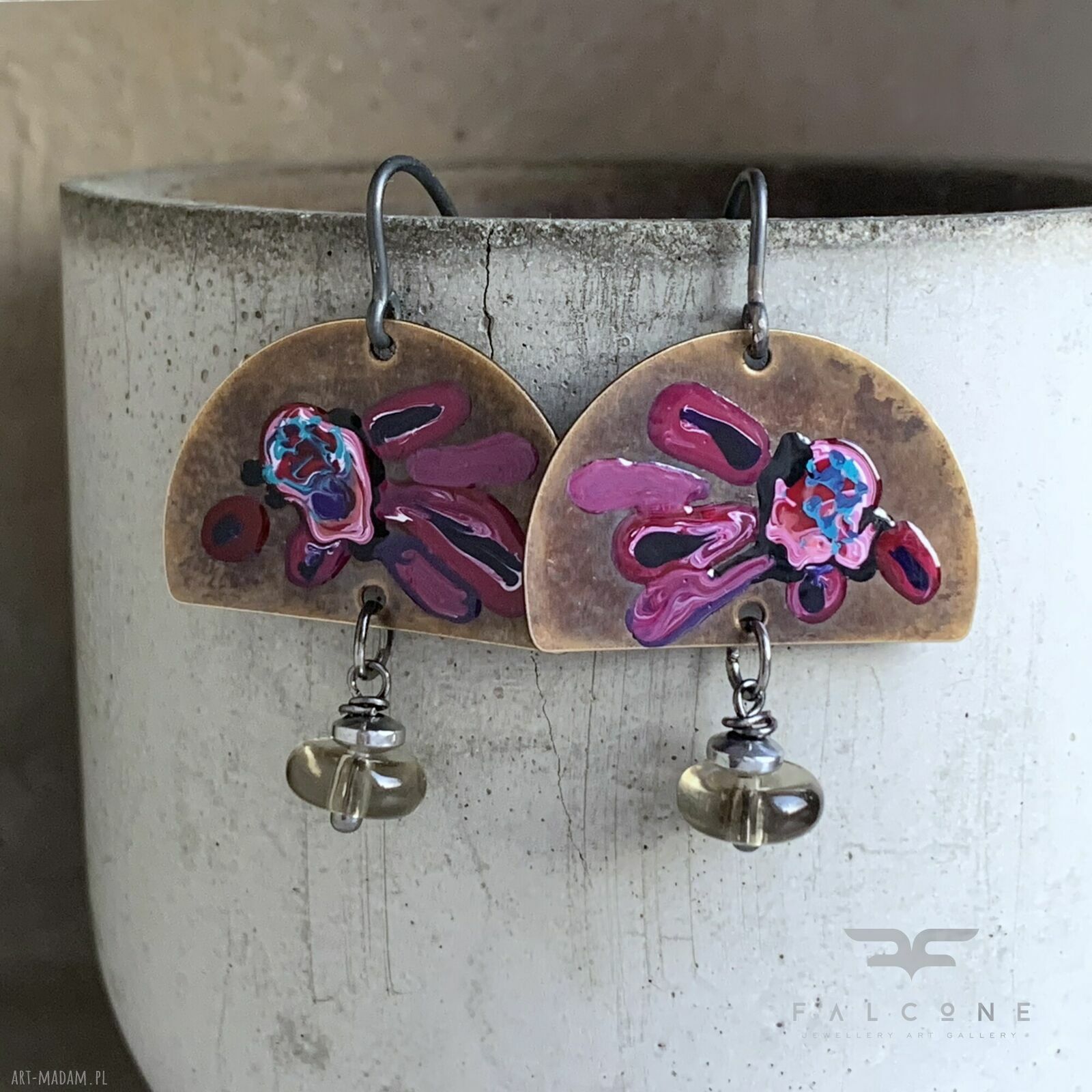 Kolczyki Exotic Flowers & Smoky Quartz - emaliowane kwiaty z kwarcem dymnym