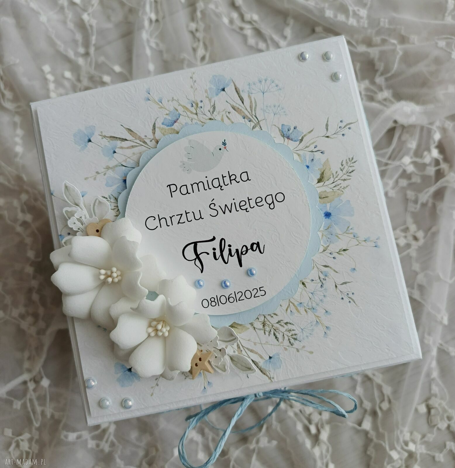 Exploding box na Chrzest Święty dla chłopca - biel i niebieski, personalizowany