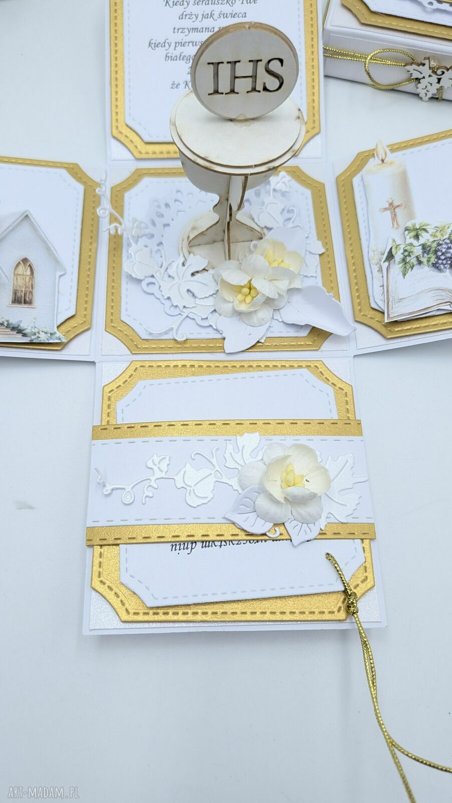 Exploding box Komunia Święta biało-złoty z kielichem IHS - pamiątka handmade