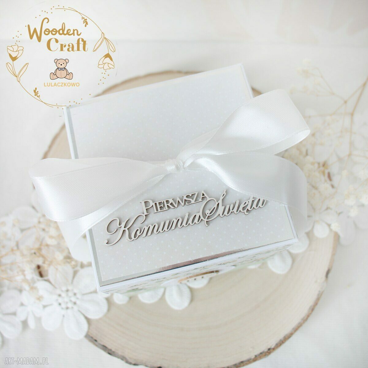 Exploding box komunijny na Pierwszą Komunię Świętą "WhiteRoses 2" - ręcznie robiona kartka pamiątka z personalizacją