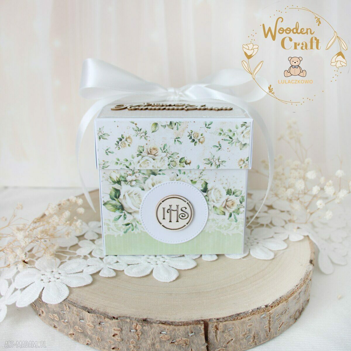Exploding box komunijny na Pierwszą Komunię Świętą "WhiteRoses 2" - ręcznie robiona kartka pamiątka z personalizacją