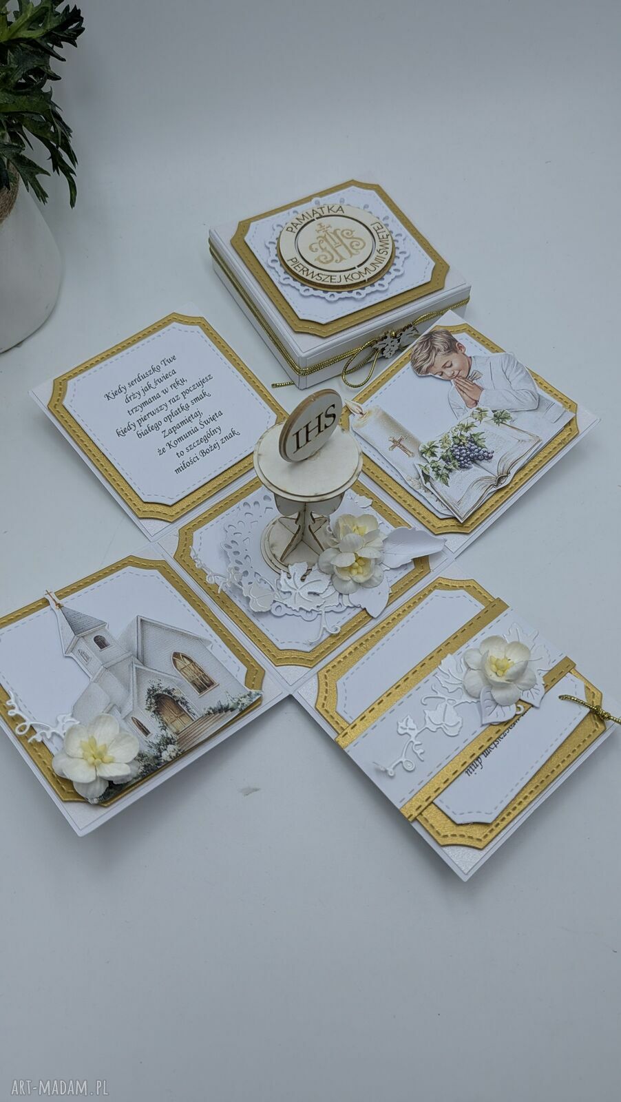 Exploding box Komunia Święta biało-złoty z kielichem IHS - pamiątka handmade