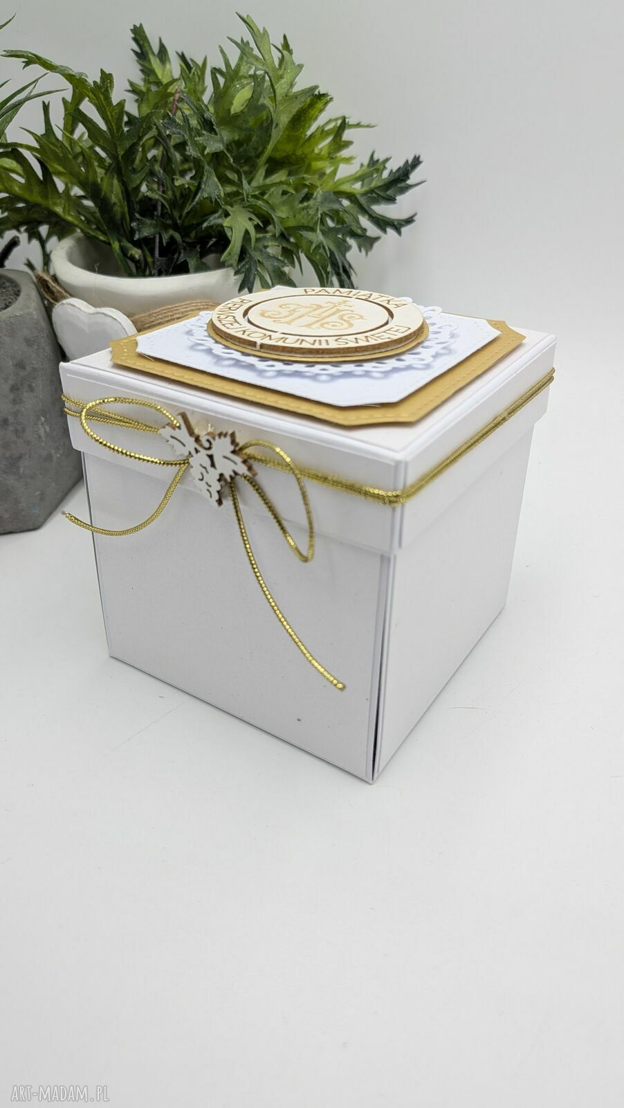 Exploding box Komunia Święta biało-złoty z kielichem IHS - pamiątka handmade