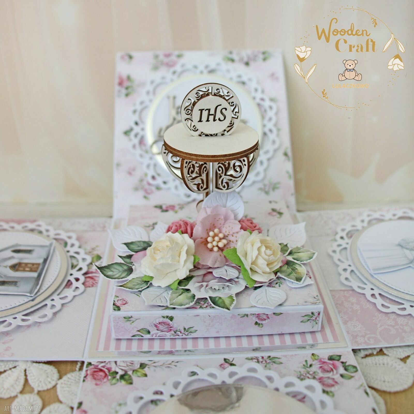 Exploding box komunijny Pink Roses 4 - pamiątka I Komunii Świętej