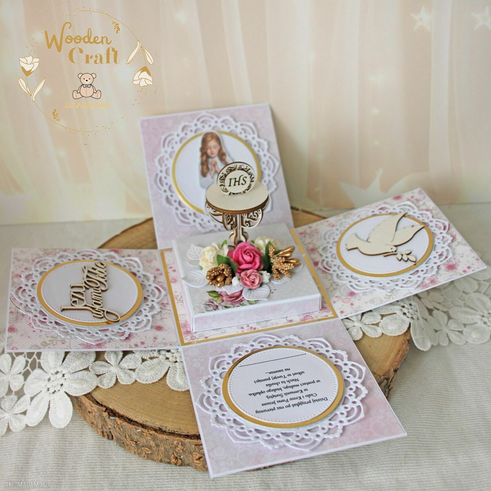 Exploding box komunijny na Komunię - Pink Roses dla dziewczynki