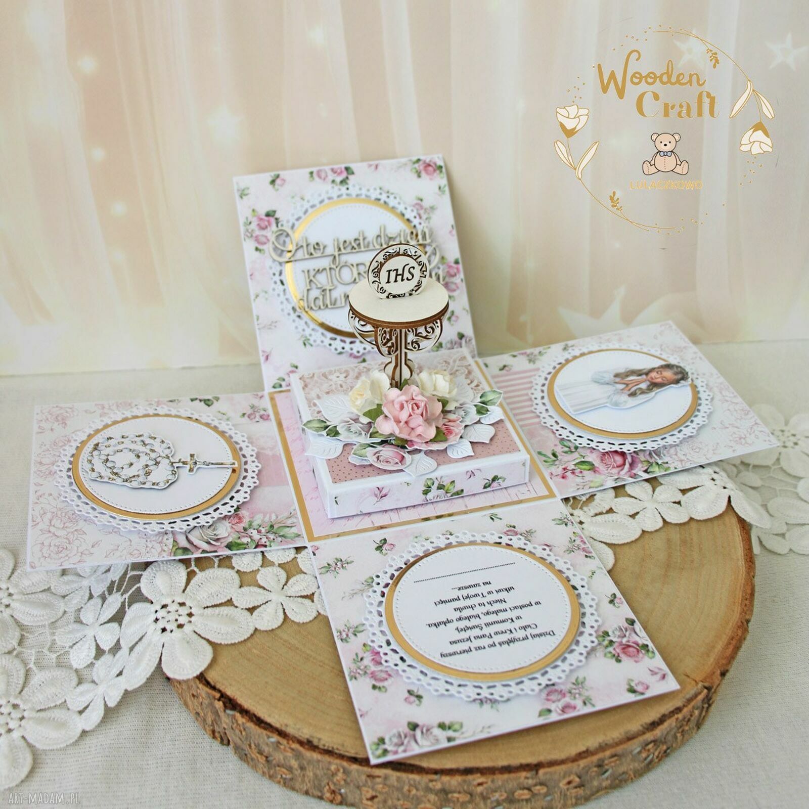 Exploding box komunijny „Pink Roses 3” - kartka na Pierwszą Komunię