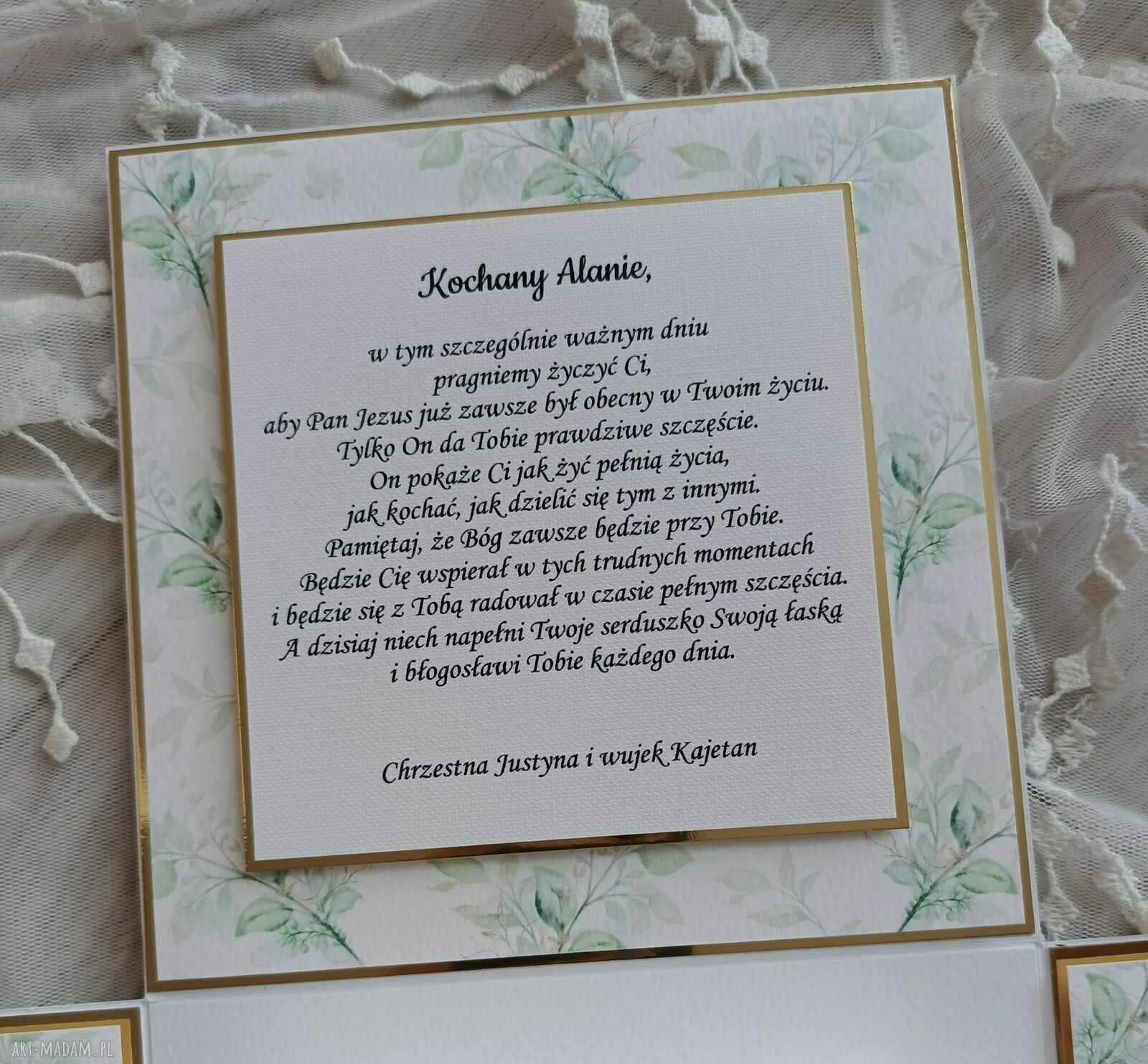 Komunijny exploding box Rodzinny Czas - pamiątka Pierwszej Komunii dla dziewczynki (zielony, biel i złoto)