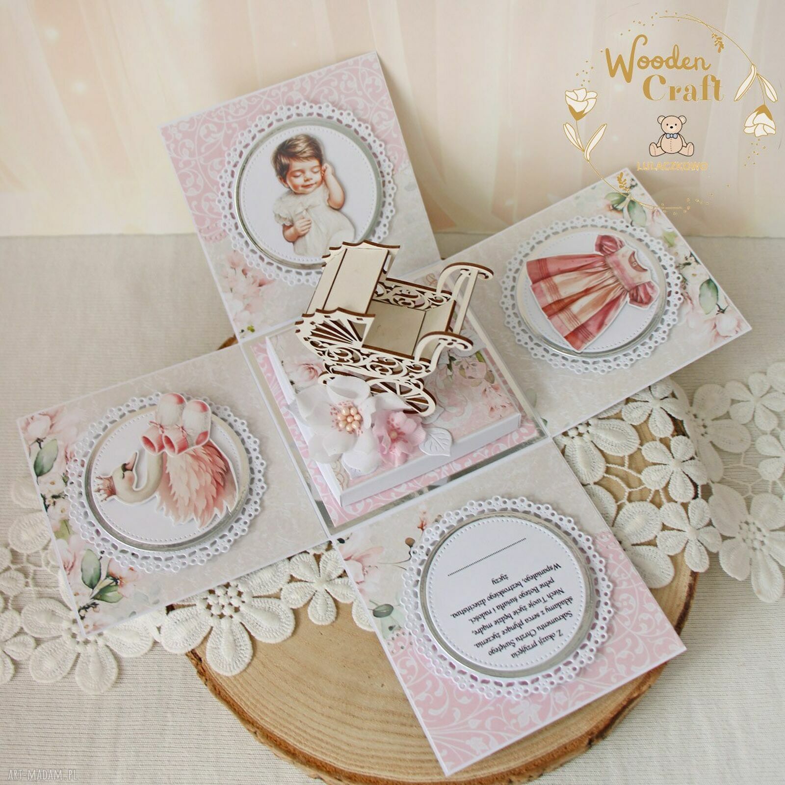 Exploding box na chrzest, roczek i narodziny dla dziewczynki Pink Flowers Girl gotowy do personalizacji
