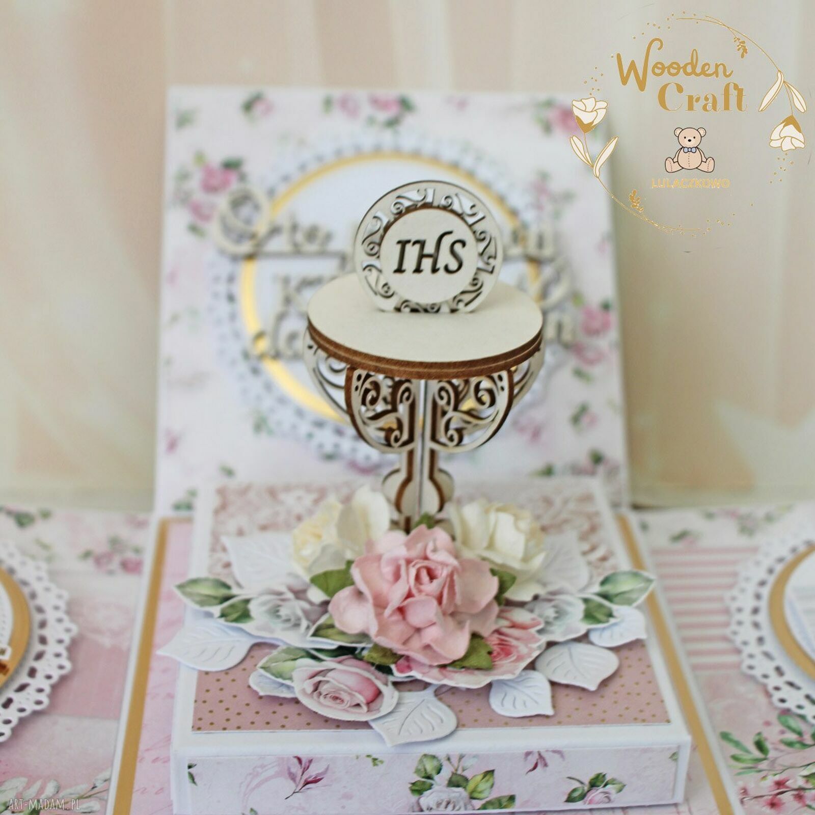 Exploding box komunijny „Pink Roses 3” - kartka na Pierwszą Komunię