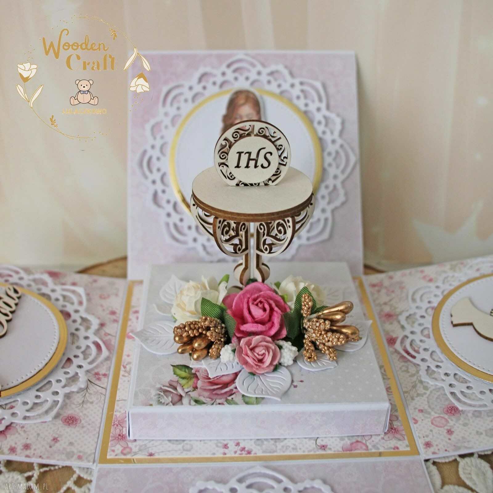 Exploding box komunijny na Komunię - Pink Roses dla dziewczynki