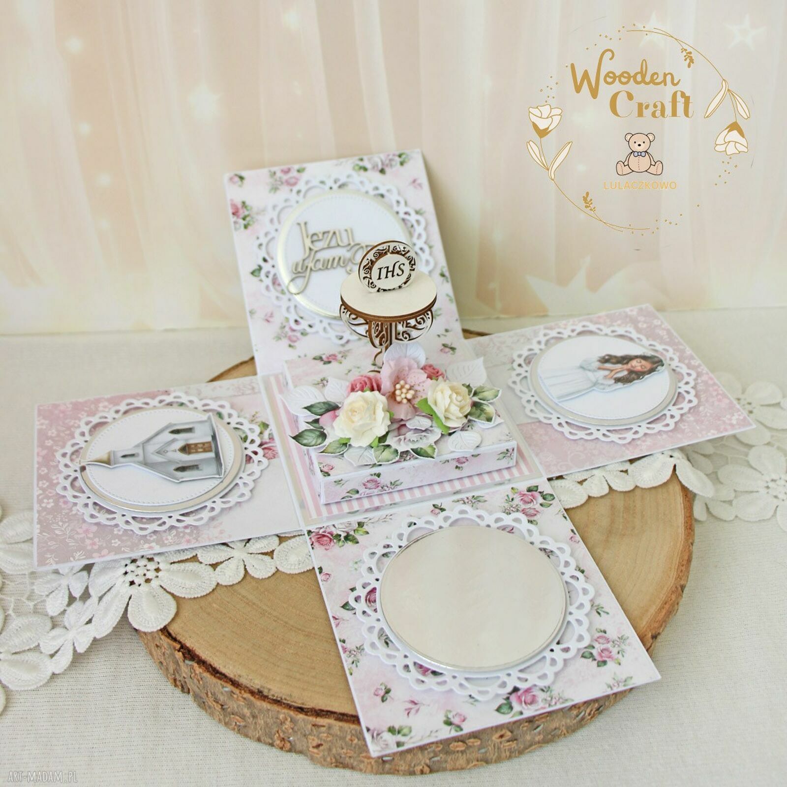 Exploding box komunijny Pink Roses 4 - pamiątka I Komunii Świętej