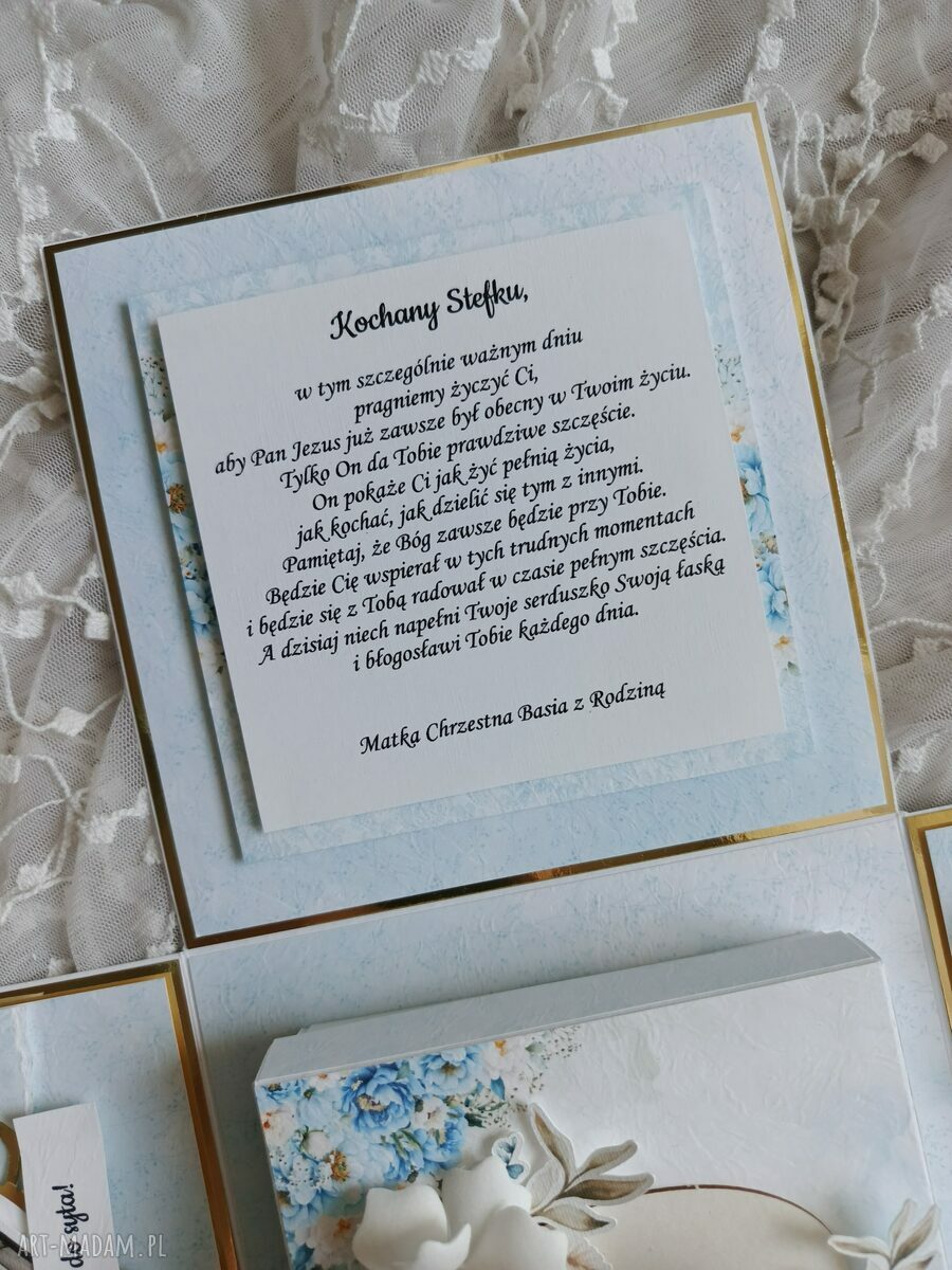 Exploding box komunijny dla chłopca (biel, złoto i niebieski) - personalizowany prezent