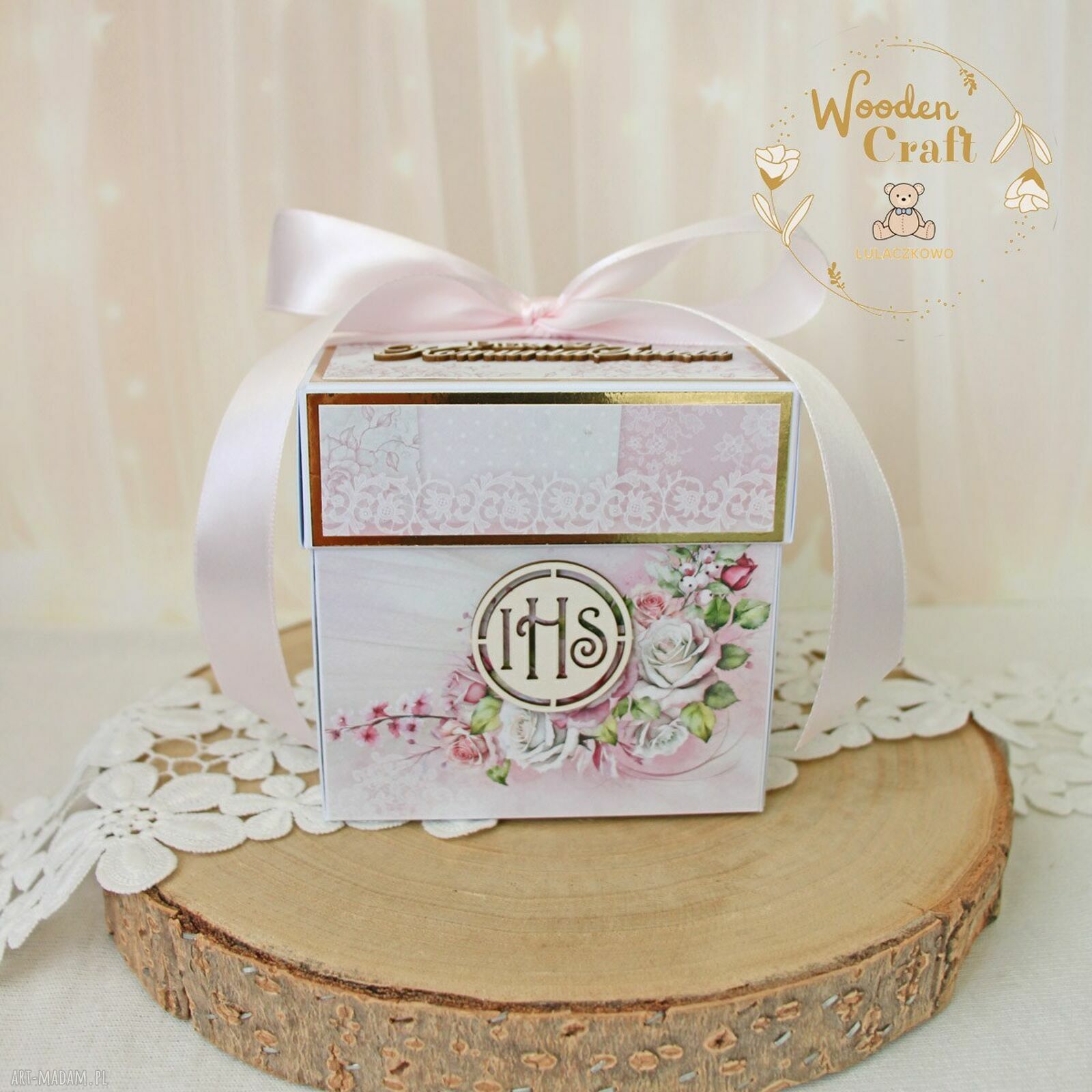 Exploding box komunijny „Pink Roses 3” - kartka na Pierwszą Komunię