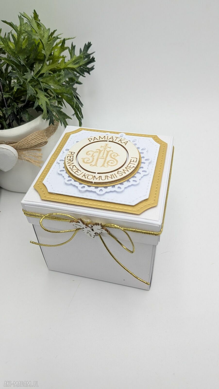 Exploding box Komunia Święta biało-złoty z kielichem IHS - pamiątka handmade