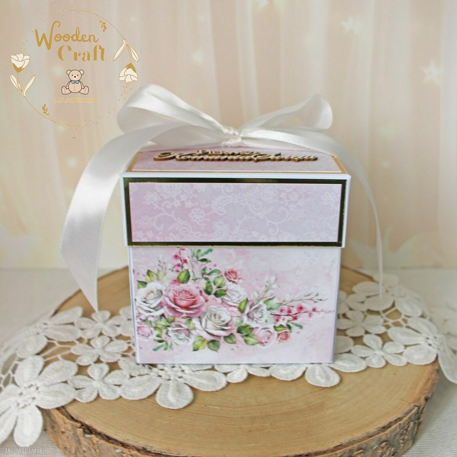 Exploding box komunijny na Komunię - Pink Roses dla dziewczynki