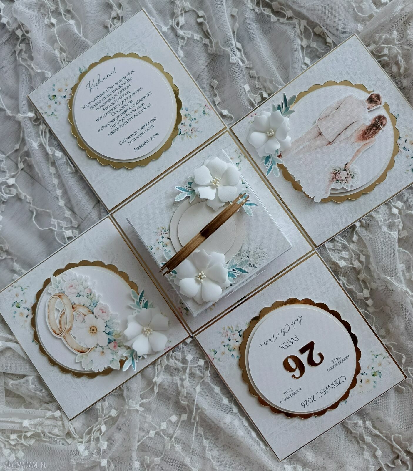 Exploding box ślubny - pamiątka scrapbooking z miejscem na pieniądze