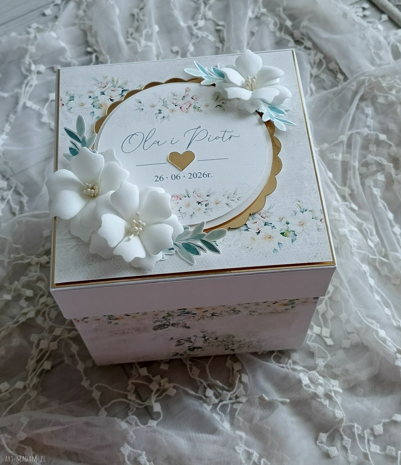 Exploding box ślubny - pamiątka scrapbooking z miejscem na pieniądze