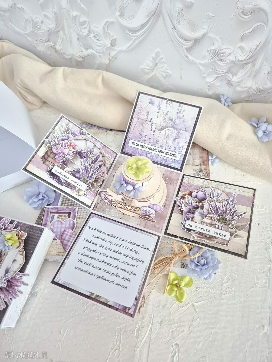 Elegancka kartka ślubna Exploding Box ręcznie zdobiona, scrapbooking
